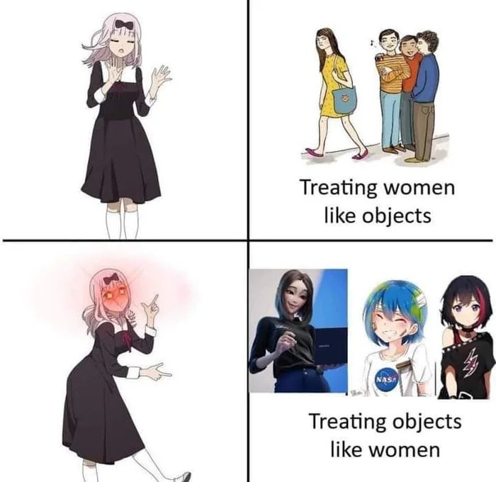 Treating women
like objects
Treating objects
like women
