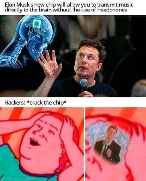 Elon Musk's new chip will allow you to transmit music
directly to the brain iwithout the use of headphones
Hackers: *crack the chip*
eDicallveDicmemes
