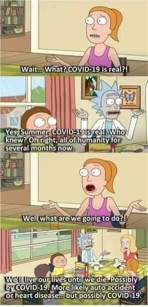Wait. What? COVID-19 is real?!
Yes, Summer COVID-19 Sreal. Who
knew? Oh right, all of humanity for
several months now.
Well what are we going to do?!
Well live our lives until we die. Possibly
by COVID-19. More likely auto accident
or heart diseasem but possibly COVID-19.
