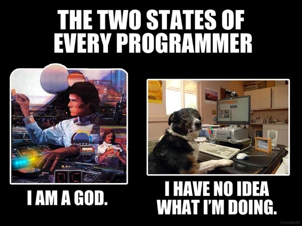 THE TWO STATES OF
EVERY PROGRAMMER
I AM A GOD.
I HAVE NO IDEA
WHAT I'M DOING.
