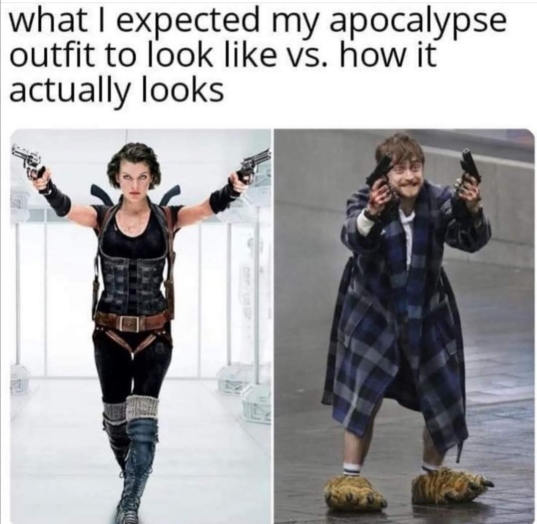 what I expected my apocalypse
outfit to look like vs. how it
actually looks

