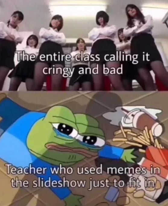The entire class calling it
cringy and bad
Teacher who used memes in
the slideshow just to fit in
