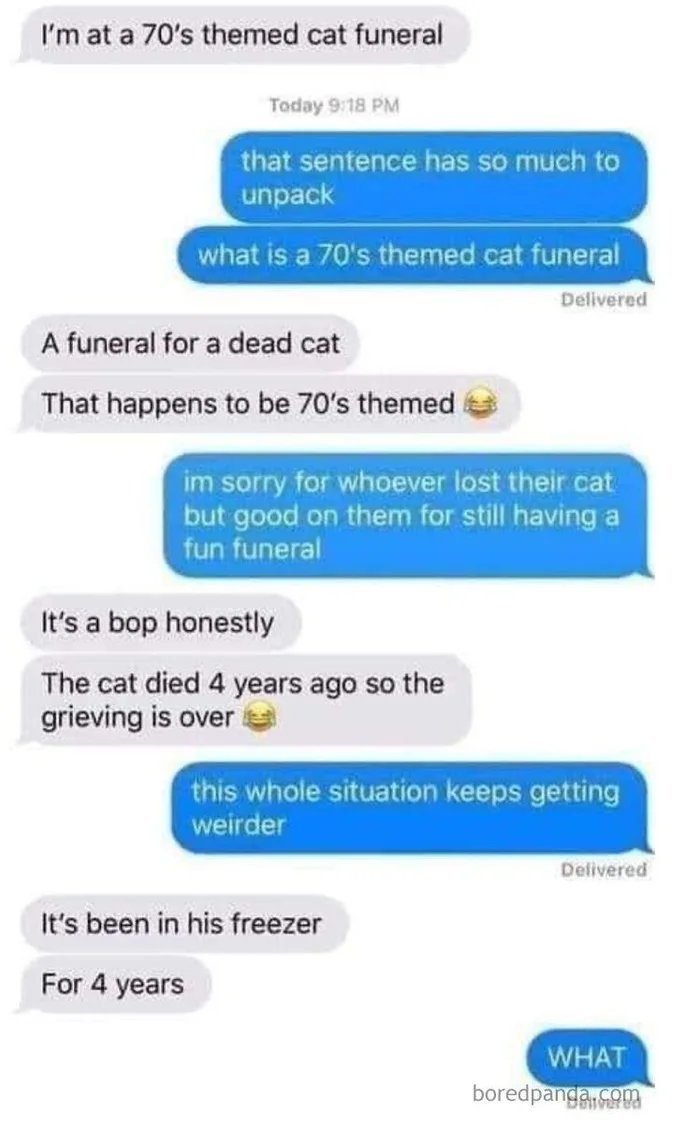 I'm at a 70's themed cat funeral
Today 9:18 PM
that sentence has so much to
unpack
what is a 70's themed cat funeral
Delivered
A funeral for a dead cat
That happens to be 70's themed
im sorry for whoever lost their cat
but good on them for still having a
fun funeral
It's a bop honestly
The cat died 4 years ago so the
grieving is over
this whole situation keeps getting
weirder
It's been in his freezer
For 4 years
Delivered
WHAT
boredpanga.com