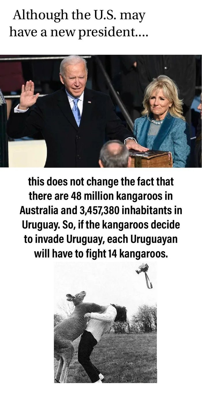 Although the U.S. may
have a new president...
this does not change the fact that
there are 48 million kangaroos in
Australia and 3,457,380 inhabitants in
Uruguay. So, if the kangaroos decide
to invade Uruguay, each Uruguayan
will have to fight 14 kangaroos.
