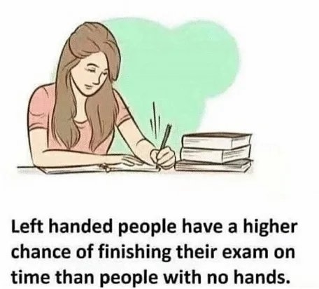 Left handed people have a higher
chance of finishing their exam on
time than people with no hands.
