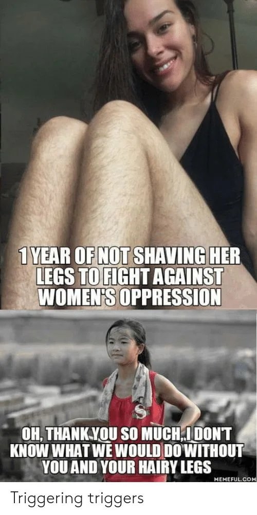 1 YEAR OF NOT SHAVING HER
LEGS TO FIGHT AGAINST
WOMEN'S OPPRESSION
OH, THANK YOU SO MUCH,I DON'T
KNOW WHAT WE WOULD DO WITHOUT
YOU AND YOUR HAIRY LEGS
MEMEFUL.COM
Triggering triggers
