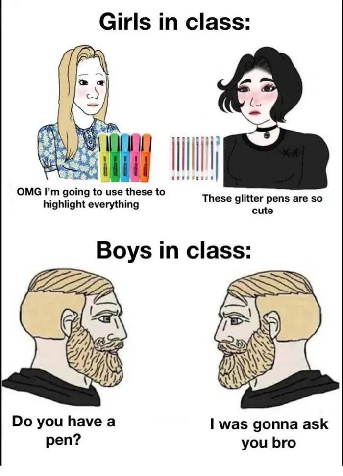 Girls in class:
OMG I'm going to use these to
highlight everything
These glitter pens are so
cute
Boys in class:
Do you have a
pen?
I was gonna ask
you bro
