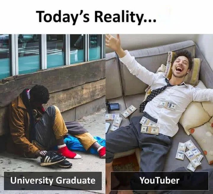 Today's Reality...
University Graduate
YouTuber
