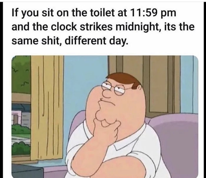 If you sit on the toilet at 11:59 pm
and the clock strikes midnight, its the
same shit, different day.
