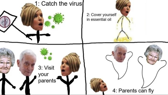 1: Catch the virus
2: Cover yourself
in essential oil
3: Visit
下
your
parents
4: Parents can fly

