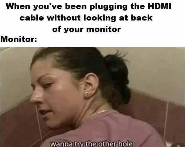 When you've been plugging the HDMI
cable without looking at back
of your monitor
Monitor:
wanna try the other hole
