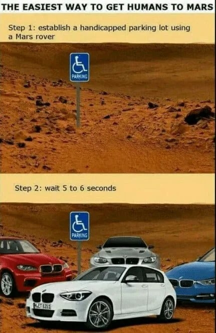 THE EASIEST WAY TO GET HUMANS TO MARS
Step 1: establish a handicapped parking lot using
a Mars rover
PARKING
Step 2: wait 5 to 6 seconds
PARKING
