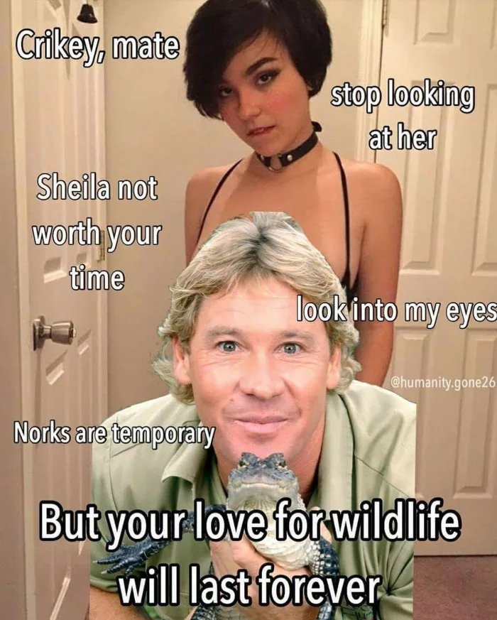 Crikey, mate
stop looking
at her
Sheila not
worth your
time
look into my eyes
@humanity.gone26
Norks are temporary
But your love forwildlife
will last forever

