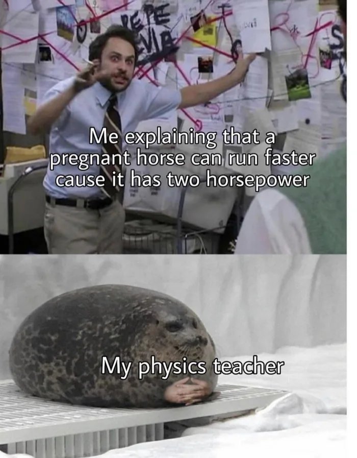 Me explaining that a
pregnant horse can run faster
cause it has two horsepower
My physics teacher
