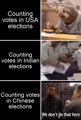 Counting
votes in UŠA
elections
Counting
votes in Indian
elections
Counting votes
in Chinese
elections
We don't do that here
