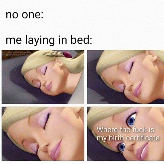 no one:
me laying in bed:
Where the fuck is
my birth certificate

