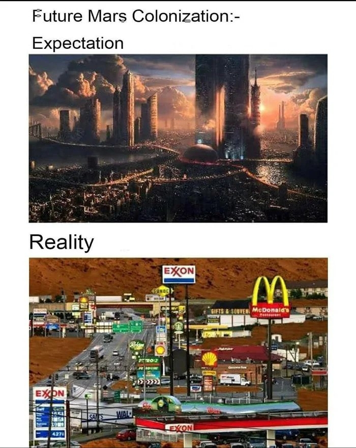 Future Mars Colonization:-
Expectation
Reality
EXON
SUNDC
GIFTS&SOUVEN McDonalas
NOXE
Balf
Cash
WAL
198
EXON
427
