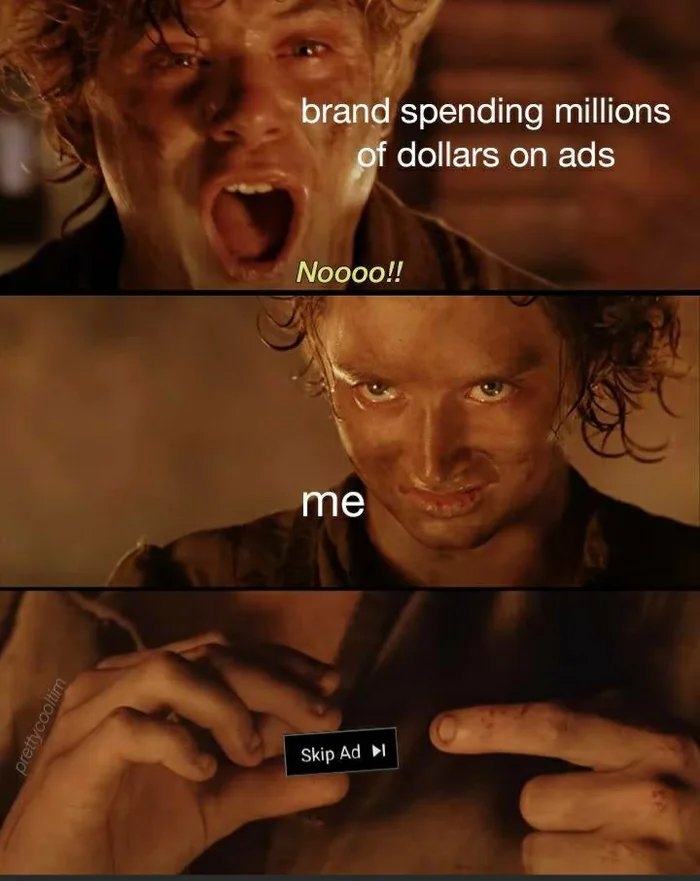 brand spending millions
of dollars on ads
Noooo!!
me
Skip Ad I
prettycooltim
