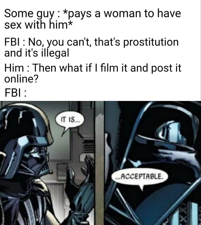 Some guy : *pays a woman to have
sex with him*
FBI : No, you can't, that's prostitution
and it's illegal
Him : Then what if I film it and post it
online?
FBI :
IT IS.
ACCEPTABLE,
XX:
