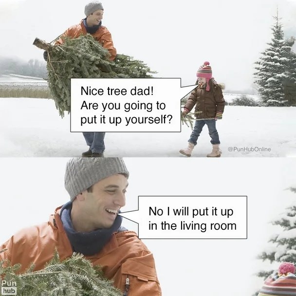 Nice tree dad!
Are you going to
put it up yourself?
@PunHubOnline
No I will put it up
in the living room
Pun
hub
