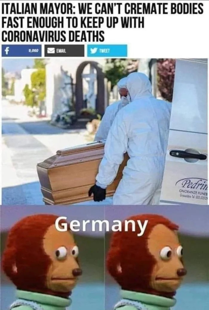 ITALIAN MAYOR: WE CAN'T CREMATE BODIES
FAST ENOUGH TO KEEP UP WITH
CORONAVIRUS DEATHS
EMAIL
TWEET
9,060
Pedrin
ONORANZE FUNES
Grbbe s SIS
Germany
