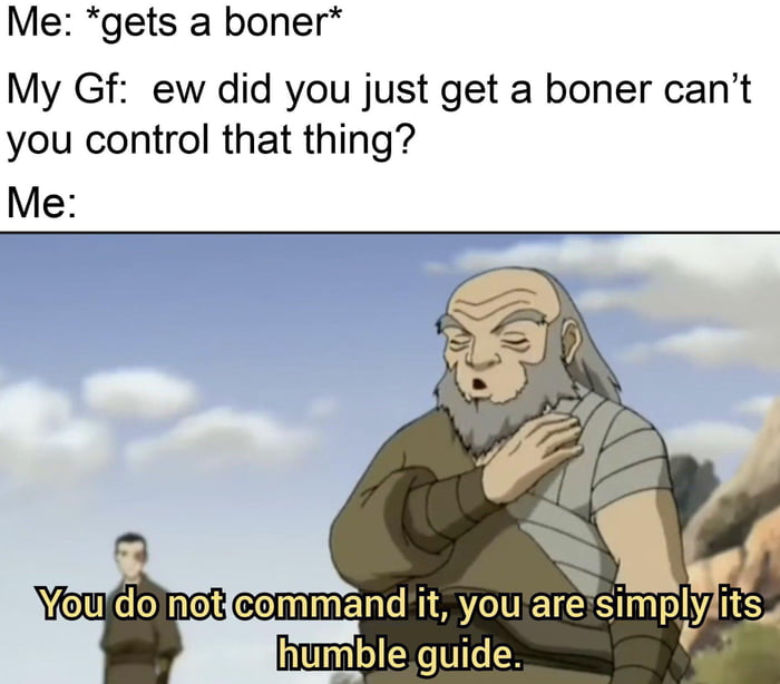 Me: *gets a boner*
My Gf: ew did you just get a boner can't
you control that thing?
Me:
You do not command it, you are simply its
humble guide.
