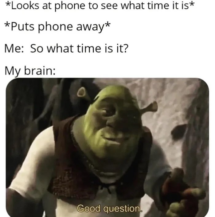 *Looks at phone to see what time it is*
*Puts phone away*
Me: So what time is it?
My brain:
Good question.
