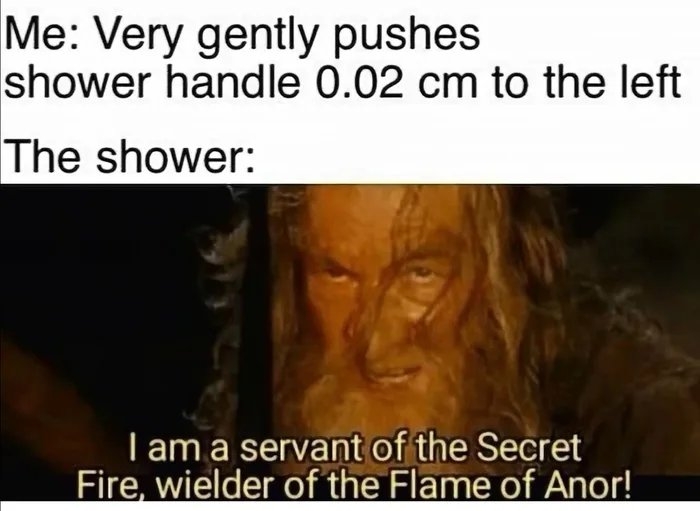 Me: Very gently pushes
shower handle 0.02 cm to the left
The shower:
I am a servant of the Secret
Fire, wielder of the Flame of Anor!
