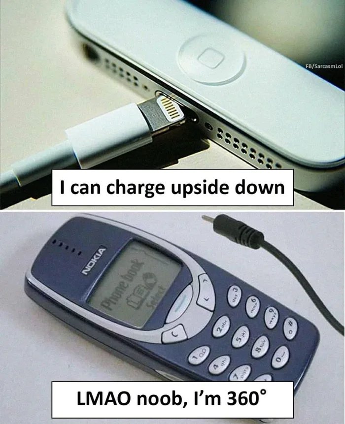 FB/Sarcasmlol
I can charge upside down
LMAO noob, I'm 360°
NOKIA
Phone book
Select
Anag
Saba
