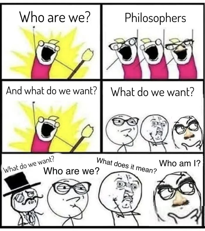Who are we?
Philosophers
And what do we want? What do we want?
What does it mean?
Who am l?
What do we want?
Who are we?
