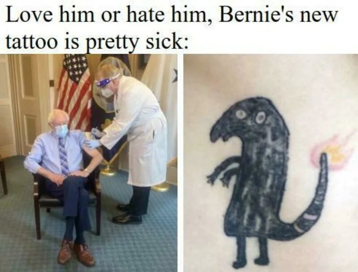 Love him or hate him, Bernie's new
tattoo is pretty sick:
