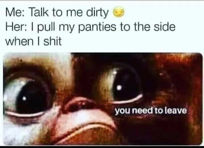Me: Talk to me dirty e
Her: I pull my panties to the side
when I shit
you need to leave
