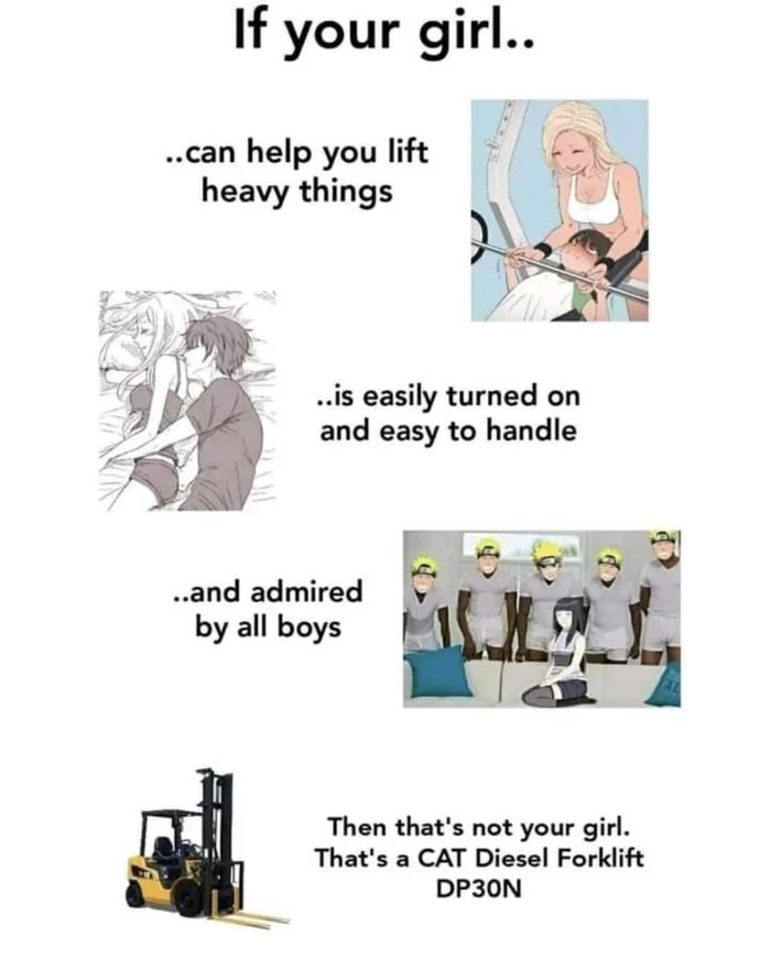 If your girl..
.can help you lift
heavy things
.is easily turned on
and easy to handle
.and admired
by all boys
Then that's not your girl.
That's a CAT Diesel Forklift
DP30N
