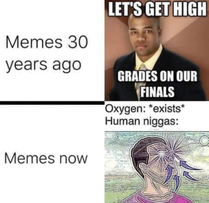 LET'S GET HIGH
Memes 30
years ago
GRADES ON OUR
FINALS
Oxygen: *exists*
Human niggas:
Memes now
