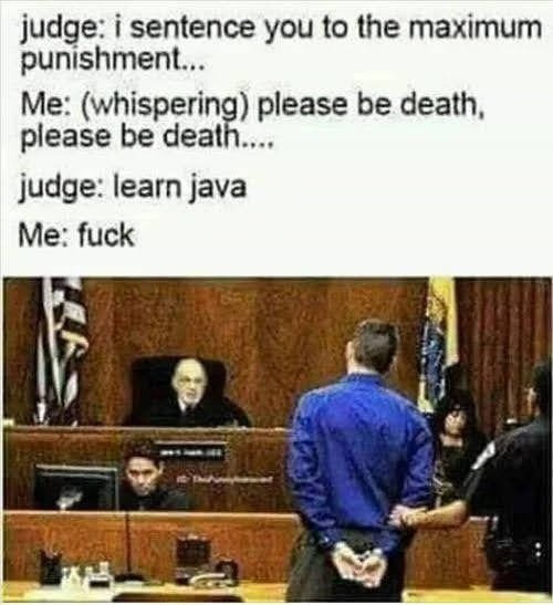 judge: i sentence you to the maximum
punishment...
Me: (whispering) please be death,
please be death..
judge: learn java
Me: fuck
