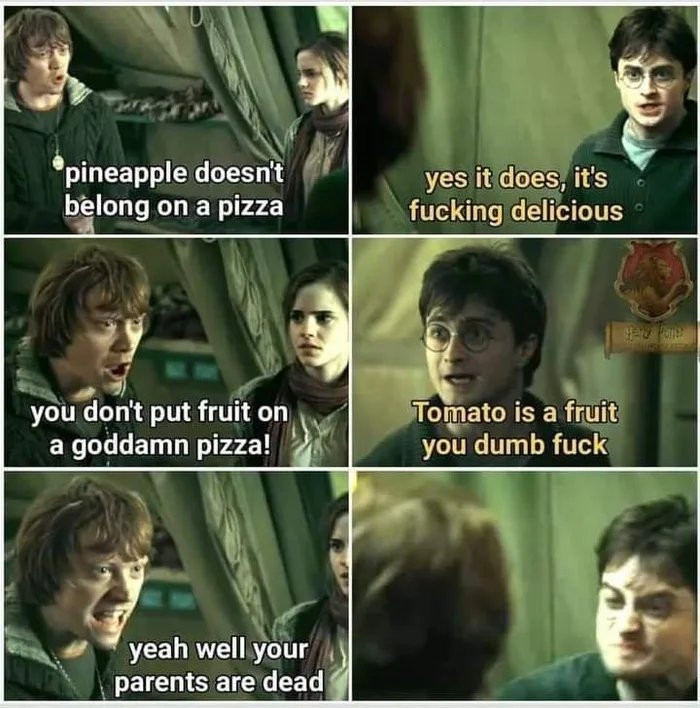 pineapple doesn't
belong on a pizza
yes it does, it's
fucking delicious
you don't put fruit on
a goddamn pizza!
Tomato is a fruit
you dumb fuck
yeah well your
parents are dead
