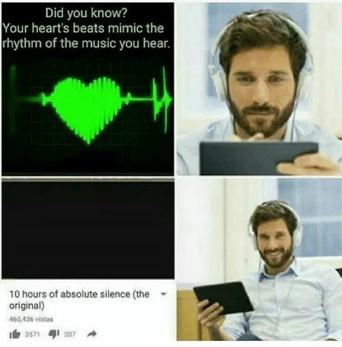 Did you know?
Your heart's beats mimic the
rhythm of the music you hear.
10 hours of absolute silence (the
original)
460,436 vistas
3571 1 207
