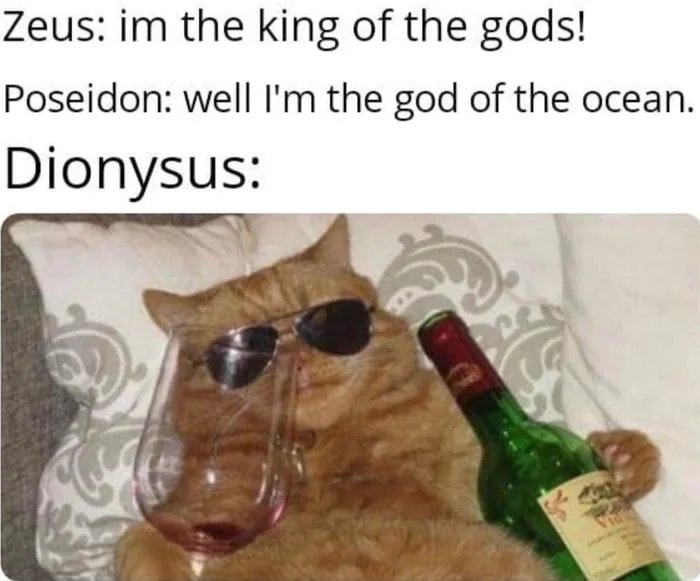 Zeus: im the king of the gods!
Poseidon: well I'm the god of the ocean.
Dionysus:
