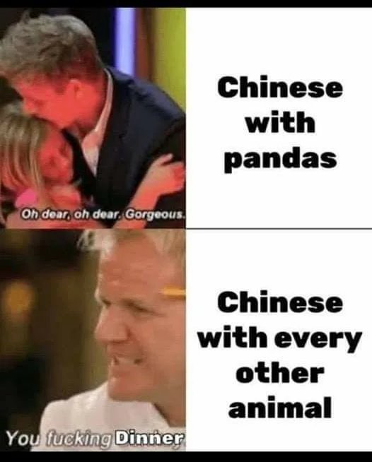 Chinese
with
pandas
Oh dear, oh dear. Gorgeous.
Chinese
with every
other
animal
You fucking Dinner

