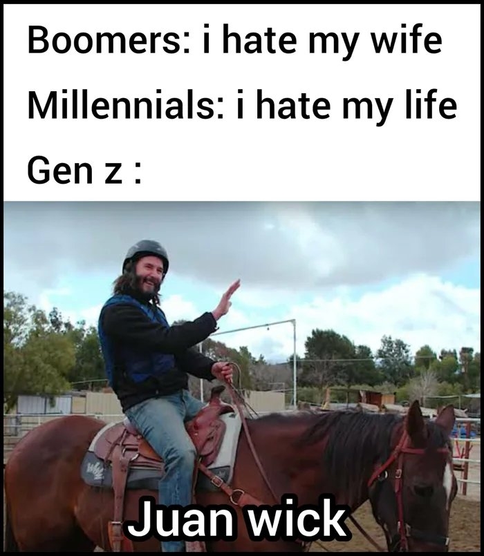 Boomers: i hate my wife
Millennials: i hate my life
Gen z:
Juan wick
