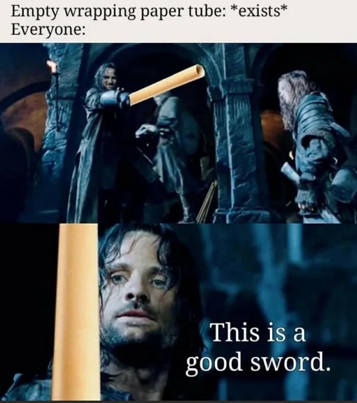 Empty wrapping paper tube: *exists*
Everyone:
This is a
good sword.
