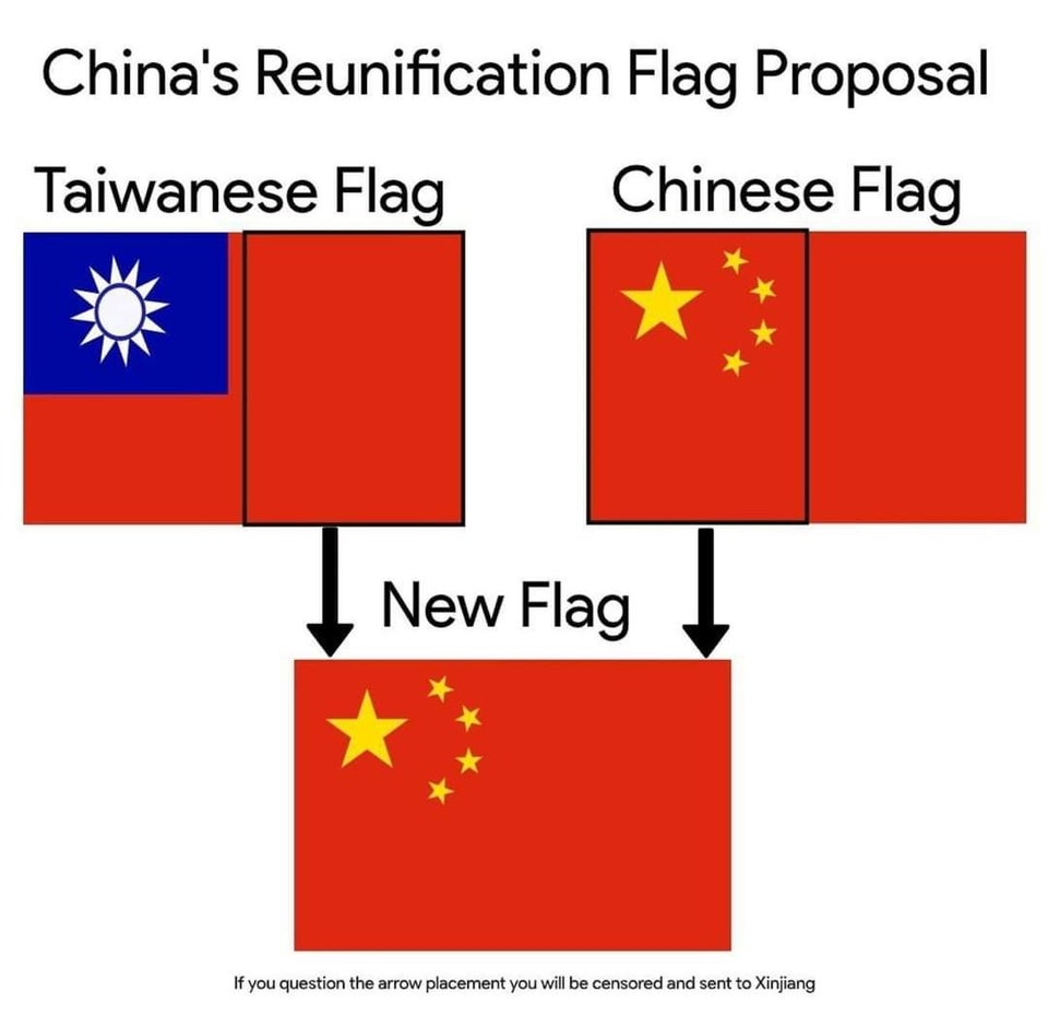 China's Reunification Flag Proposal
Taiwanese Flag
Chinese Flag
New Flag
If you question the arrow placement you will be censored and sent to Xinjiang

