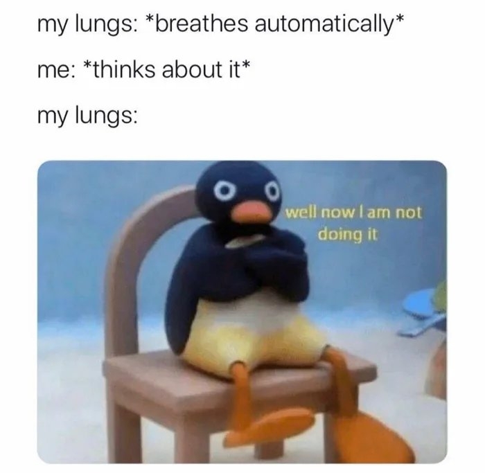my lungs: *breathes automatically*
me: *thinks about it*
my lungs:
well now I am not
doing it
