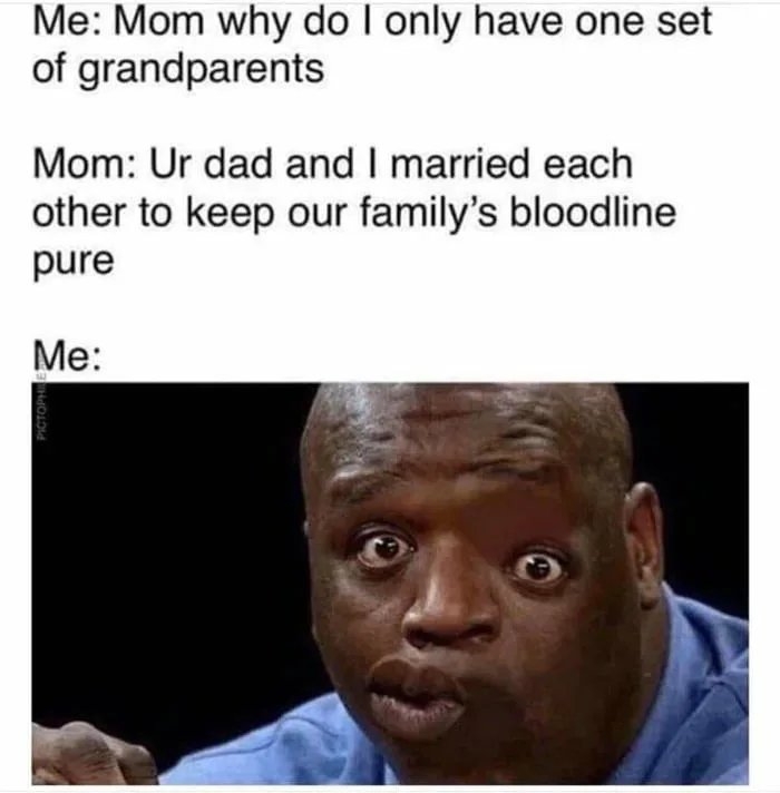 Me: Mom why do I only have one set
of grandparents
Mom: Ur dad and I married each
other to keep our family's bloodline
pure
Me:
PICTOPHIE
