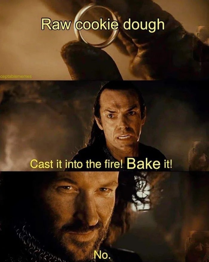 Raw cookie dough
ceptablememes
Cast it into the fire! Bake it!
No.
