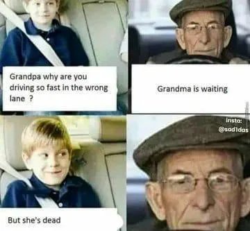 Grandpa why are you
driving so fast in the wrong
Grandma is waiting
lane ?
insta:
@sodidas
But she's dead
