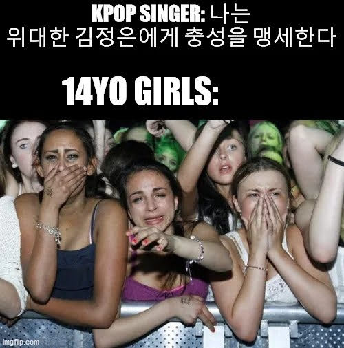 KPOP SINGER: LIE
위대한 김정은에게 충성을 맹세한다
14YO GIRLS:
imgflip.com
