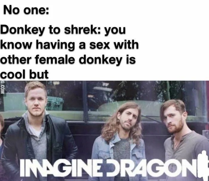 No one:
Donkey to shrek: you
know having a sex with
other female donkey is
cool but
INAGINEDRAGON
G.COM

