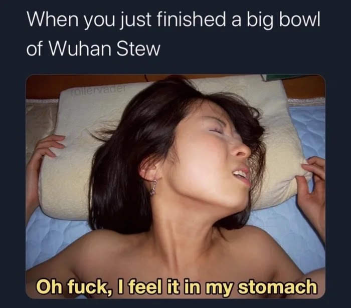 When you just finished a big bowl
of Wuhan Stew
Tollevader
Oh fuck, I feel it in my stomach
