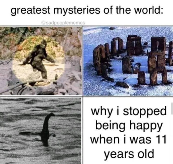 greatest mysteries of the world:
@sadpeoplememes
why i stopped
being happy
when i was 11
years old
